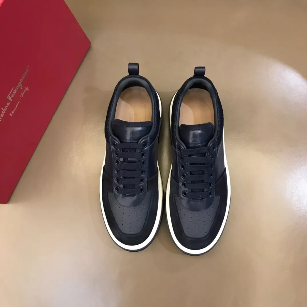 p420 "Salvatore Ferraga**" men's low-cut fashion sneakers. This casual shoe has a novel structure and is made of soft calfskin. The contrasting color elements on the upper highlight the bold and avant-garde atmosphere. The first-layer cowhide lining is high-end and comfortable. Energetic and fresh, these shoes can be worn with casual looks or add a touch of street style to elegant trousers.  Size: 38-44